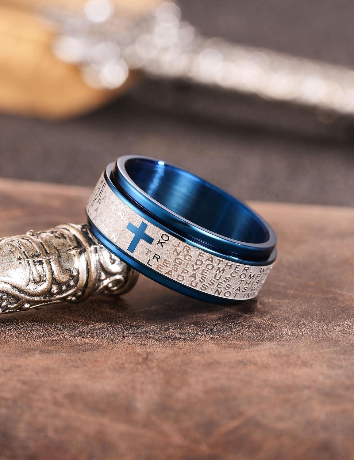 imageKing Will 8mm BlackGoldSilver Stainless Steel Ring Lords Prayer Rotatable Ring Men Wedding Band Rings Comfort FitBlueSilver
