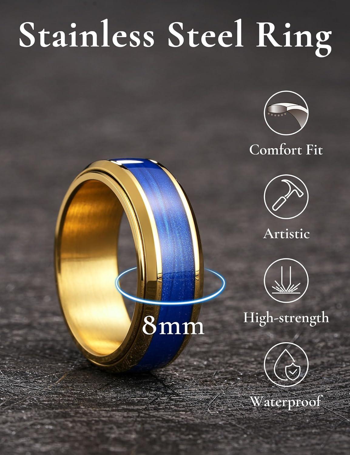 imageKing Will Mens 8mm Stainless Steel Rings Anxiety Fidget Spinner Ring Black Plated Blue Green Galaxy Sand Inlay Beveled Edge Spinning Wedding Bands Comfort Fit Size 712GoldBlue