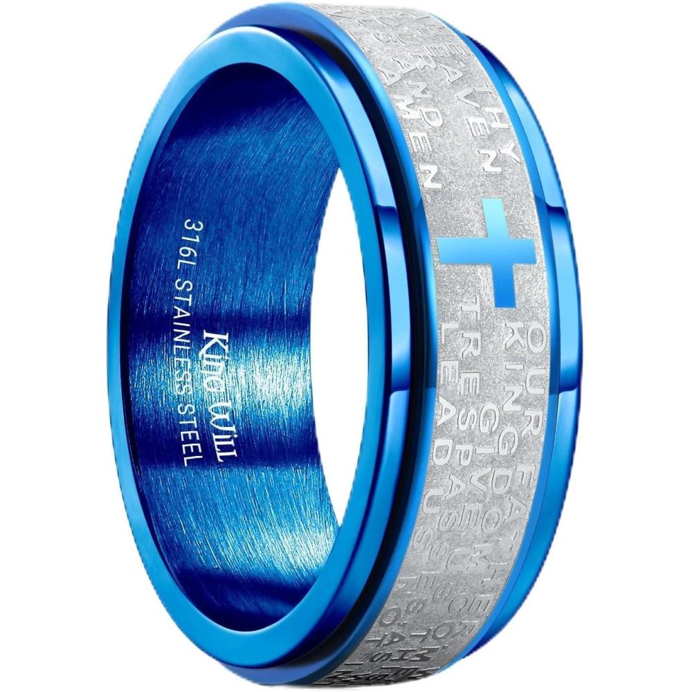 imageKing Will 8mm BlackGoldSilver Stainless Steel Ring Lords Prayer Rotatable Ring Men Wedding Band Rings Comfort FitBlueSilver