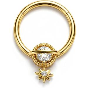 BodyBonita 16G Sun Septum Rings Clicker, 316L Surgical Steel CZ Septum Jewelry Dangle, Hinged Nose Rings Hoops Tragus Conch Helix Daith Piercings Jewelry for Women Silver Color/14K Gold Plated 10 mm(14K Gold Plated-Clear CZ)