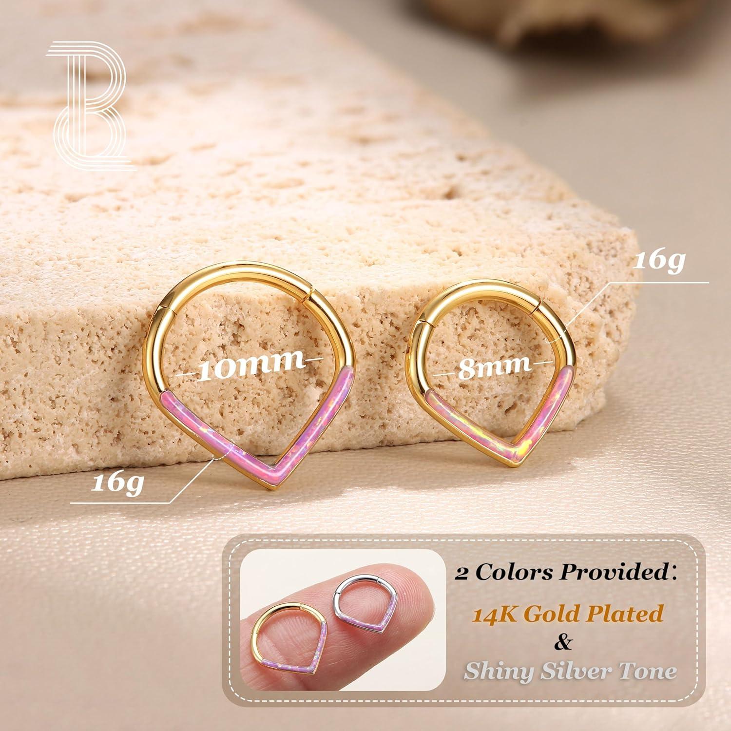 imageBodyBonita Opal 16G Septum Rings Teardrop 316L Surgical Steel Hinged Nose Rings Hoops Septum Clicker Hypoallergenic Conch Helix Piercing Jewelry Daith Cartilage Earring Pink 10mm Gold Plated