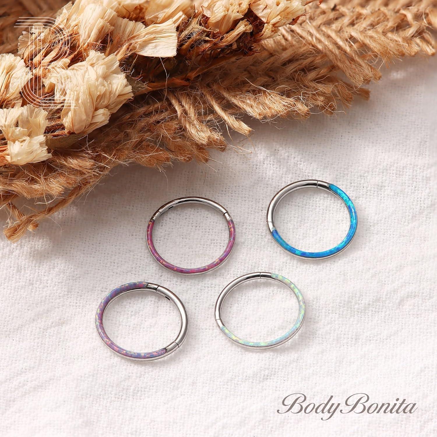 imageBodyBonita Opal Nose Rings Hoops 18G 316L Surgical Steel Hoop Nose Rings for Women Conch Piercing Jewelry Helix Daith Cartilage Earring Blue Opal 8mm Silver