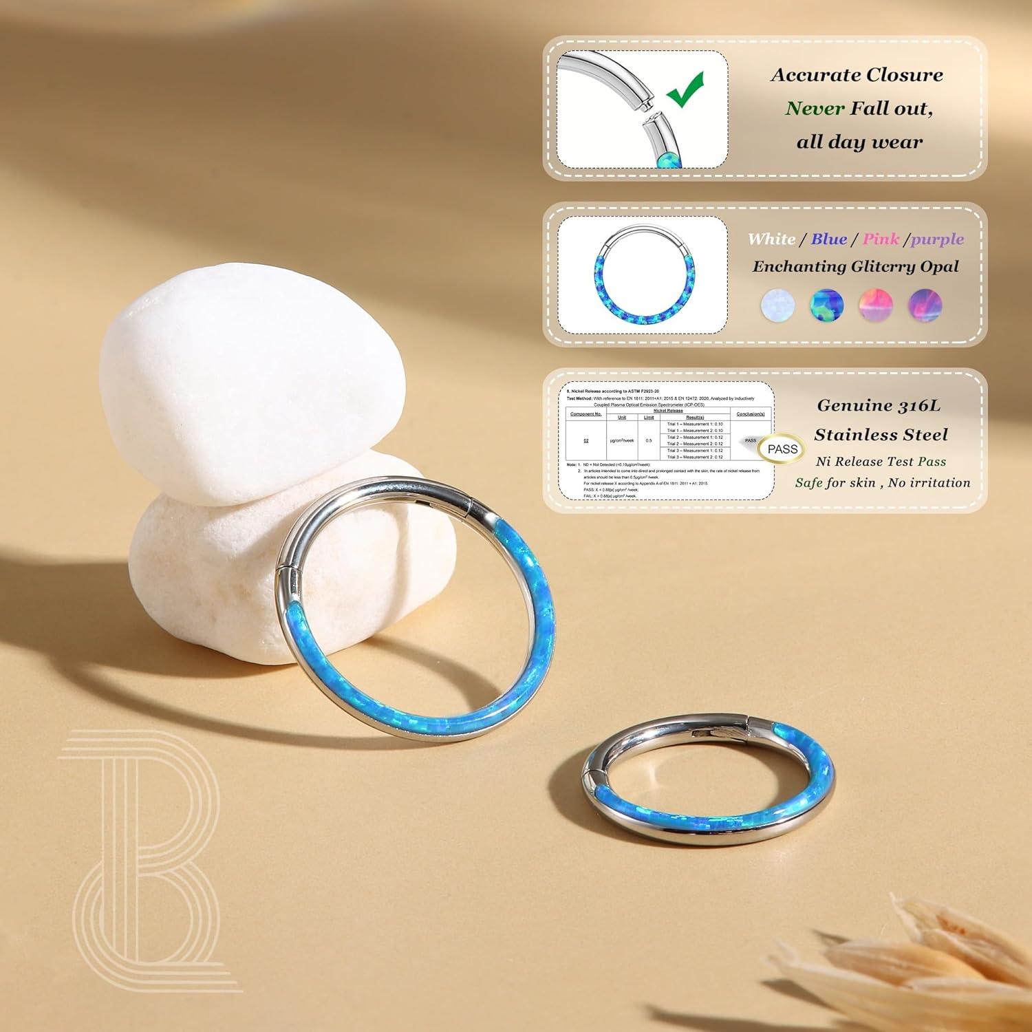 imageBodyBonita Opal Nose Rings Hoops 18G 316L Surgical Steel Hoop Nose Rings for Women Conch Piercing Jewelry Helix Daith Cartilage Earring Blue Opal 8mm Silver