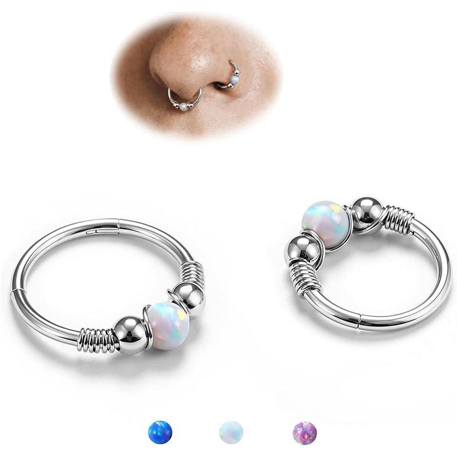 imageBodyBonita 2Pcs Silver Opal Nose Rings for Women 316L Surgical Steel Nose Hoops Piercing 18G Septum Rings Jewelry Cartilage Conch Daith Helix Tragus Earrings 8mm 10mm Sytle1