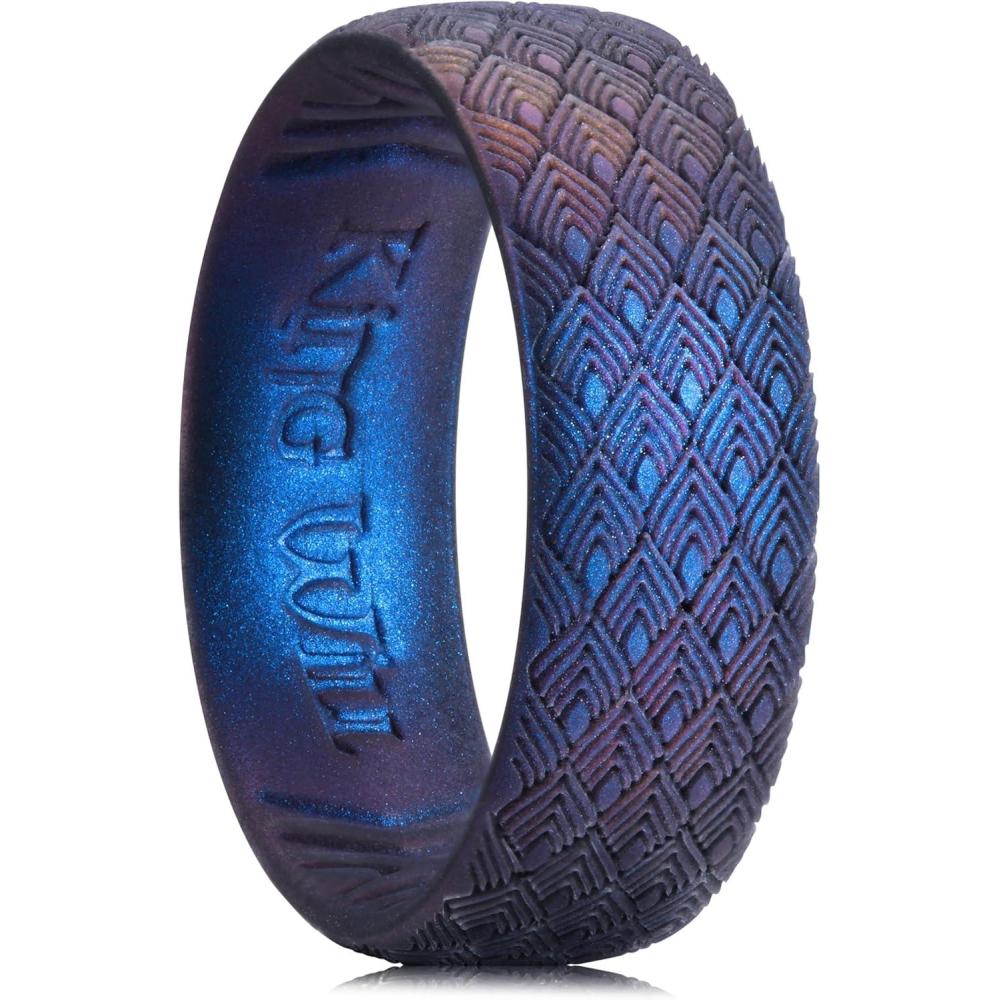 imageKing Will Silicone Wedding Band for Men Women 18mm Ultra Thin Ring with Geometric Pattern Hypoallergenic Rubber RingDark Blue