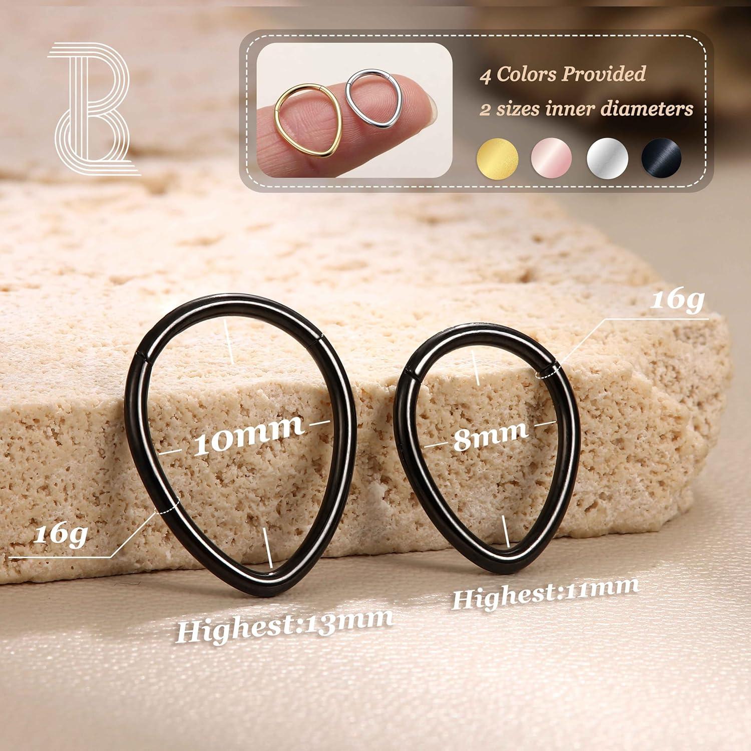 imageBodyBonita 16G Septum Rings Teardrop 316L Surgical Steel Nose Rings Hoops Teardrop Seamless Hinged Cartilage Earrings for Women Conch Daith Piercing Jewelry Helix Rook Lip Black 8 mm