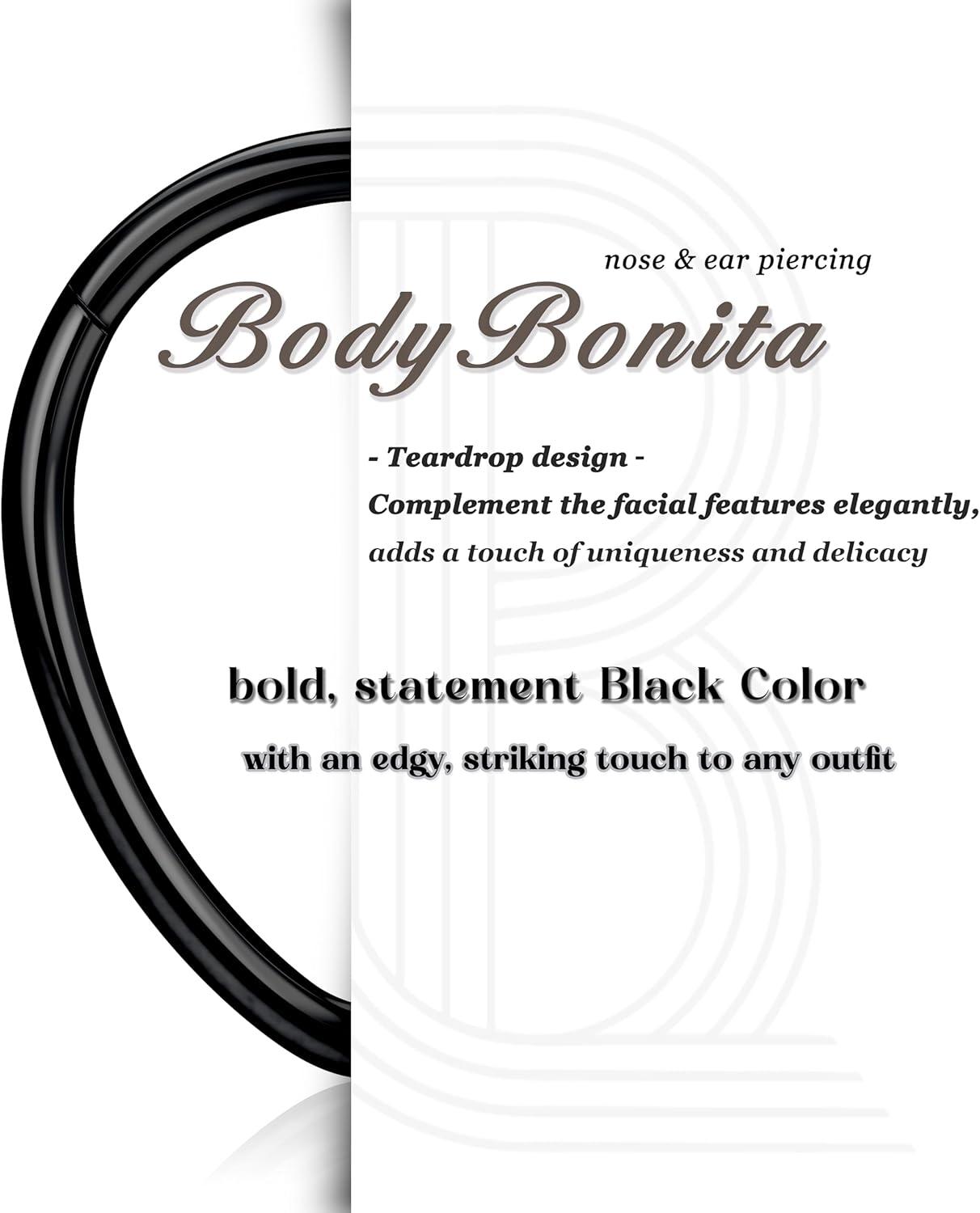 imageBodyBonita 16G Septum Rings Teardrop 316L Surgical Steel Nose Rings Hoops Teardrop Seamless Hinged Cartilage Earrings for Women Conch Daith Piercing Jewelry Helix Rook Lip Black 8 mm