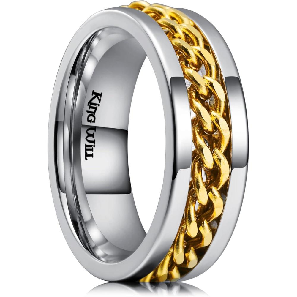 imageKing Will 316L Stainless Steel Fidget Ring for Men Women8mm Width with Stylish Chain Inlay Spinner Ring Stress Relief Durable Wedding Band Hypoallergenic Comfort Fit Size 416BSliverGold Plated