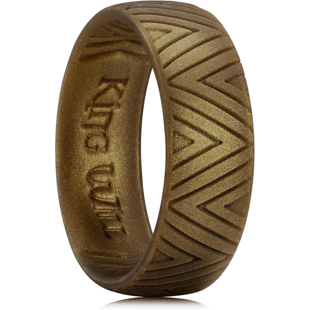 imageKing Will Silicone Wedding Band for Men Women 18mm Ultra Thin Ring 3 Packs in Dinasour Pattern Hypoallergenic Rubber RingAMetallic brown