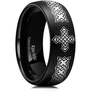 King Will Black Tungsten Carbide Wedding Band For Men, Thorn Pattern Design, 8mm Dome Matte Brushed Engagement Rings for Daily Wear and Activities, Comfort Fit Size 7-12(celtic-black)