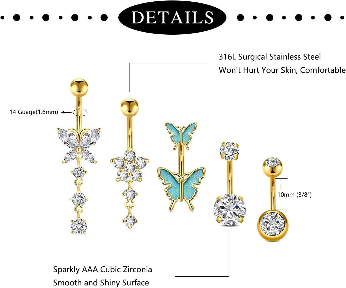 imageIncaton 14G Belly Button Rings Stainless Steel Diamond Belly Rings For Women Dangle Belly Button Rings With Butterfly 6mm Short amp 10mm Bar Navel PiercingsGold 10mm