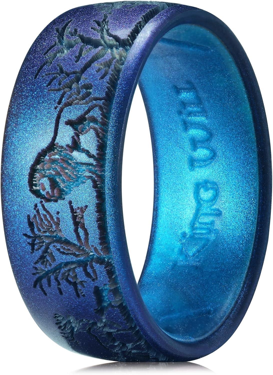 imageKing Will Silicone Rings for Men Rubber Wedding Bands Lion and Deer Patterned Design Hypoallergenic for Gym Sports Comfort FitMetallic Blue