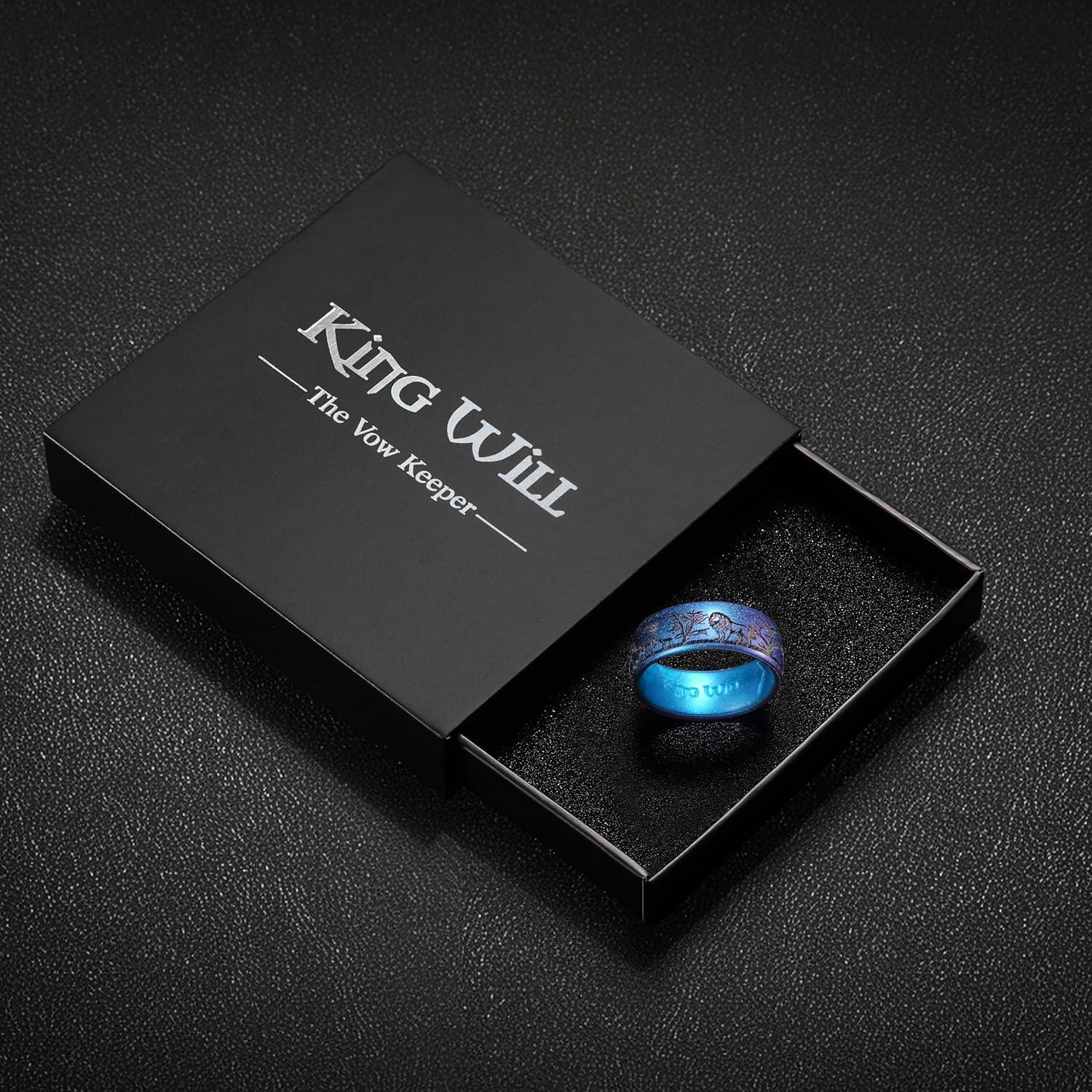 imageKing Will Silicone Rings for Men Rubber Wedding Bands Lion and Deer Patterned Design Hypoallergenic for Gym Sports Comfort FitMetallic Blue