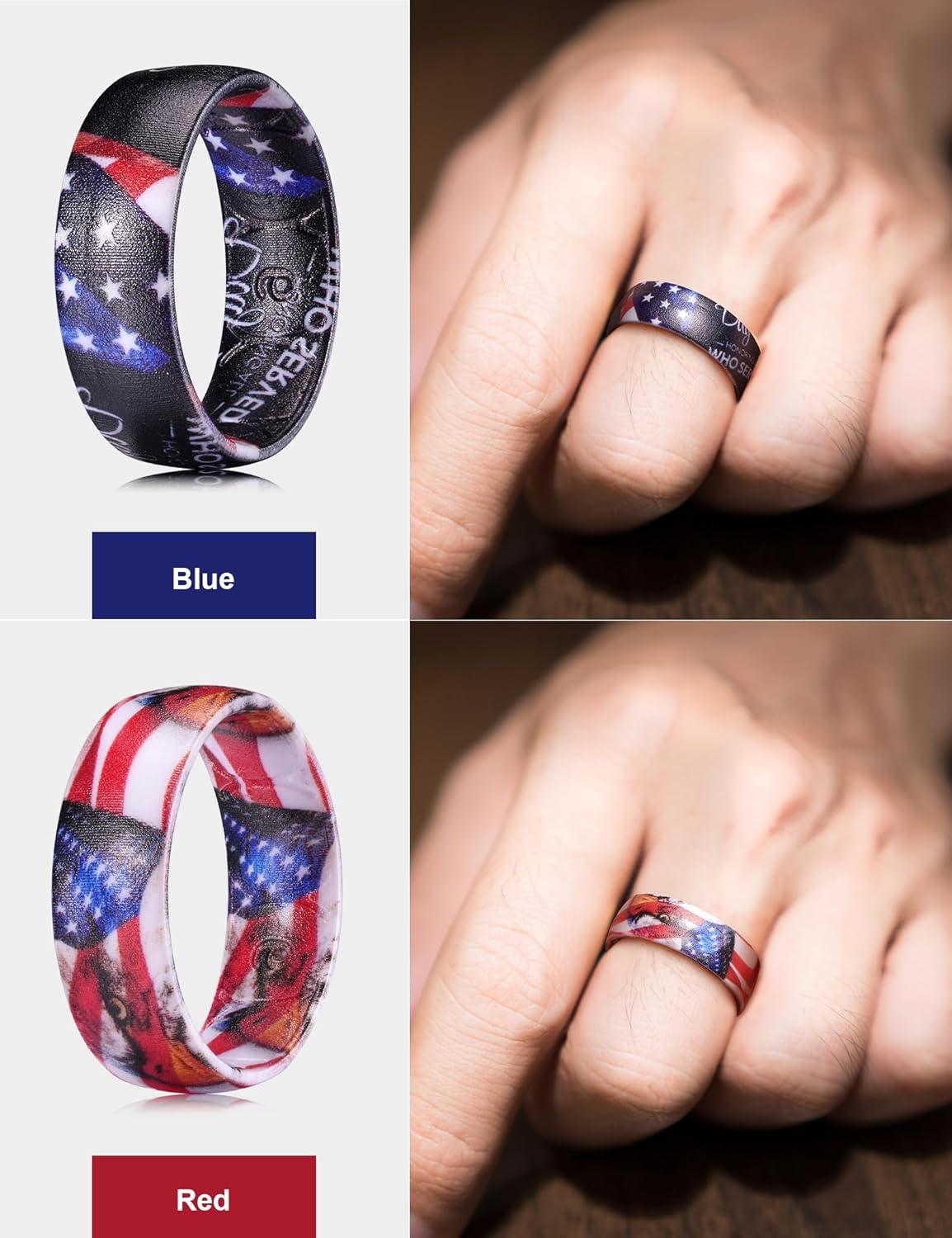 imageKing Will Mens Silicone Wedding Ring Patriotic American Flag Series with Breathable Inner Texture7mm Wide 2mm Thick Durable Rubber Wedding Band in Black Blue ampRed Flexible Size 8112PCA