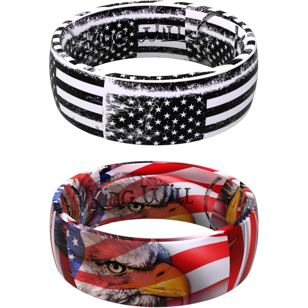 imageKing Will Mens Silicone Wedding Ring Patriotic American Flag Series with Breathable Inner Texture7mm Wide 2mm Thick Durable Rubber Wedding Band in Black Blue ampRed Flexible Size 8112PCB