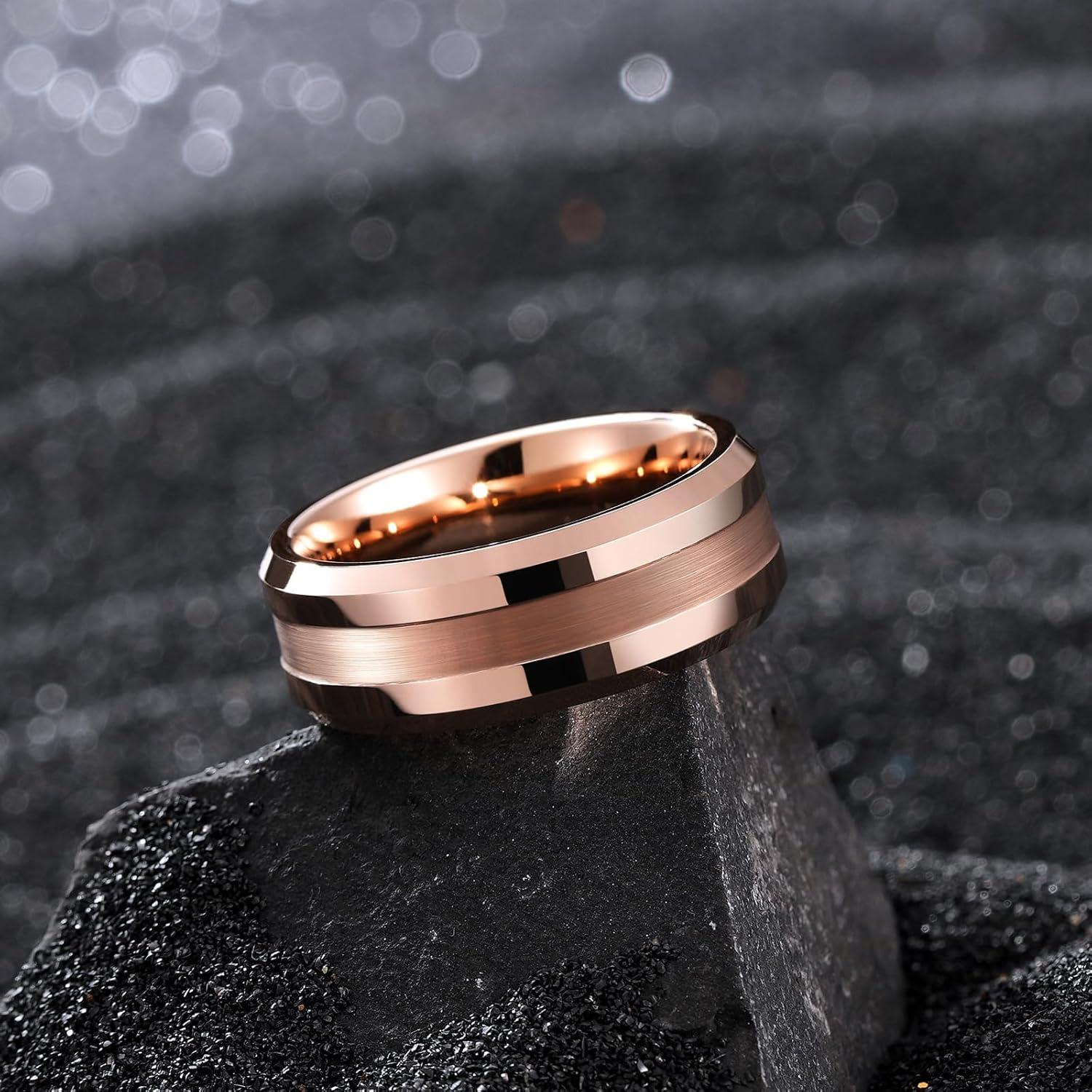 imageKing Will Classic Tungsten Carbide Ring Brushed Two Grooved Center Hammered Design Mens Wedding Band for MenBRoseGold 8mm Shallow groove