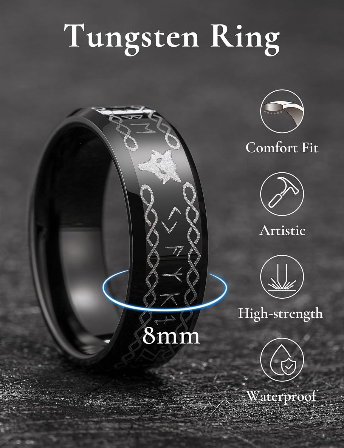 imageKing Will Mens Tungsten Carbide Ring Wedding Band Comfort FitBlackWolf Runes