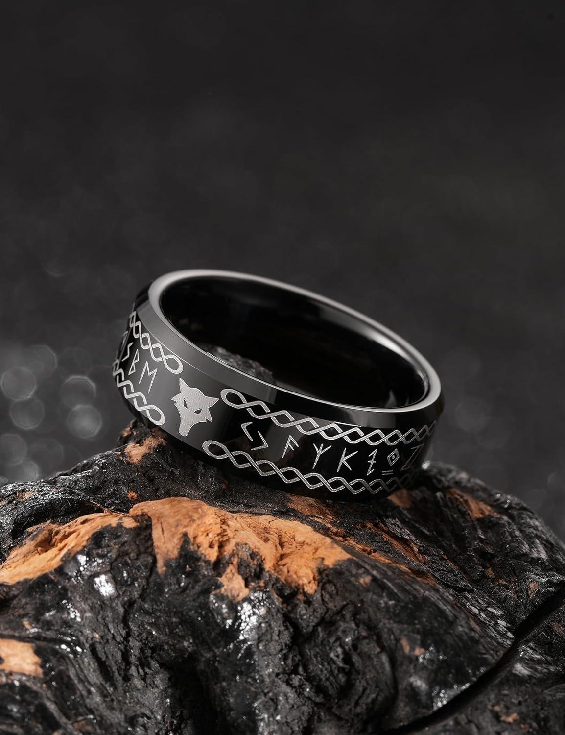 imageKing Will Mens Tungsten Carbide Ring Wedding Band Comfort FitBlackWolf Runes