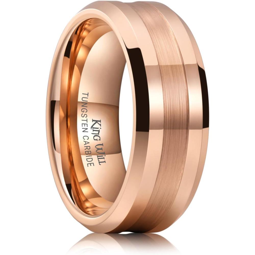 imageKing Will Classic Tungsten Carbide Ring Brushed Two Grooved Center Hammered Design Mens Wedding Band for MenBRoseGold 8mm Shallow groove