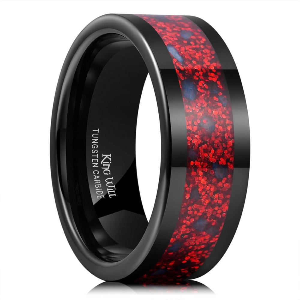 imageKing Will 8mm Tungsten Rings for Men Black Wedding Band Gentleman with Galaxy Shell Sand Meteorite Inlay Pipe Cut BrushedBlack RedBlue Stones