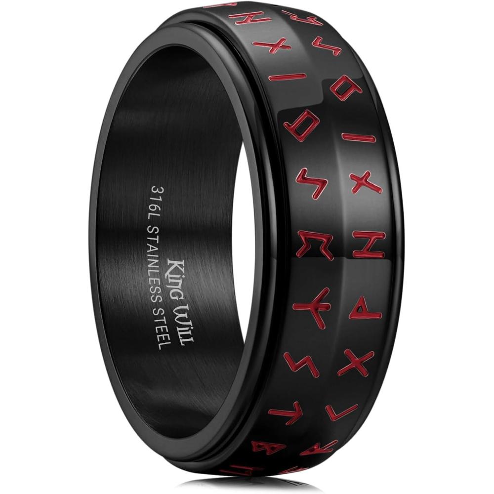 imageKing Will Mens 8mm 316L Stainless Steel Viking Runes Fidget Chain Spinner RingsBlack