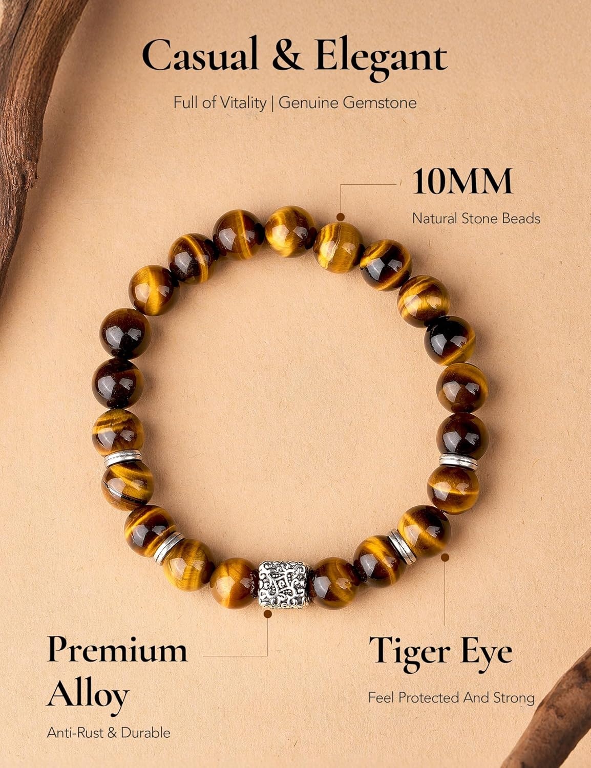 imageKing Will Mens Natural Healing Stone Bead Bracelet 10mm12mm Genuine Crystal Gemstone Stretch Bracelet for Stress Relief amp Protection Adjustable Mens Jewelry GiftTiger Eye