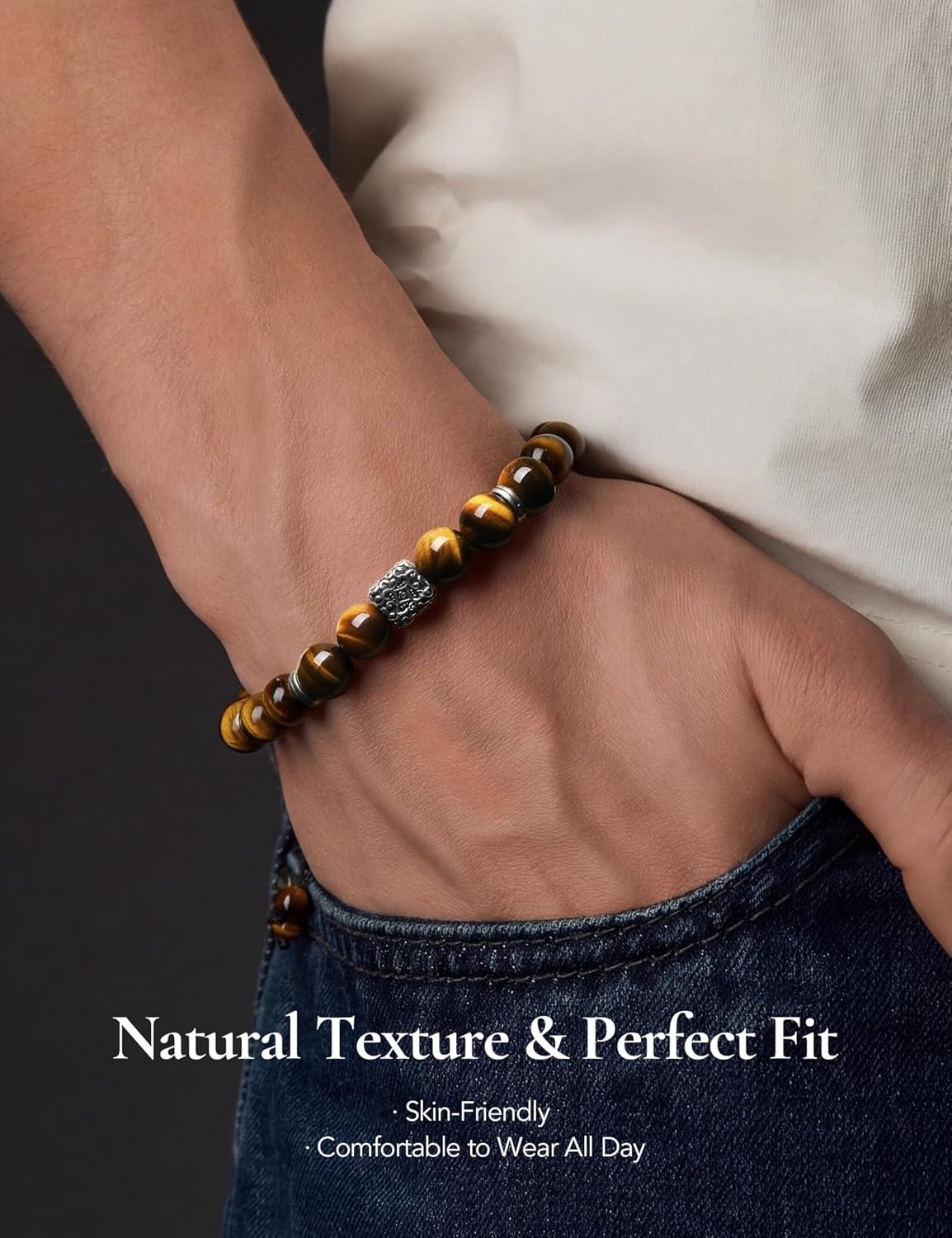imageKing Will Mens Natural Healing Stone Bead Bracelet 10mm12mm Genuine Crystal Gemstone Stretch Bracelet for Stress Relief amp Protection Adjustable Mens Jewelry GiftTiger Eye