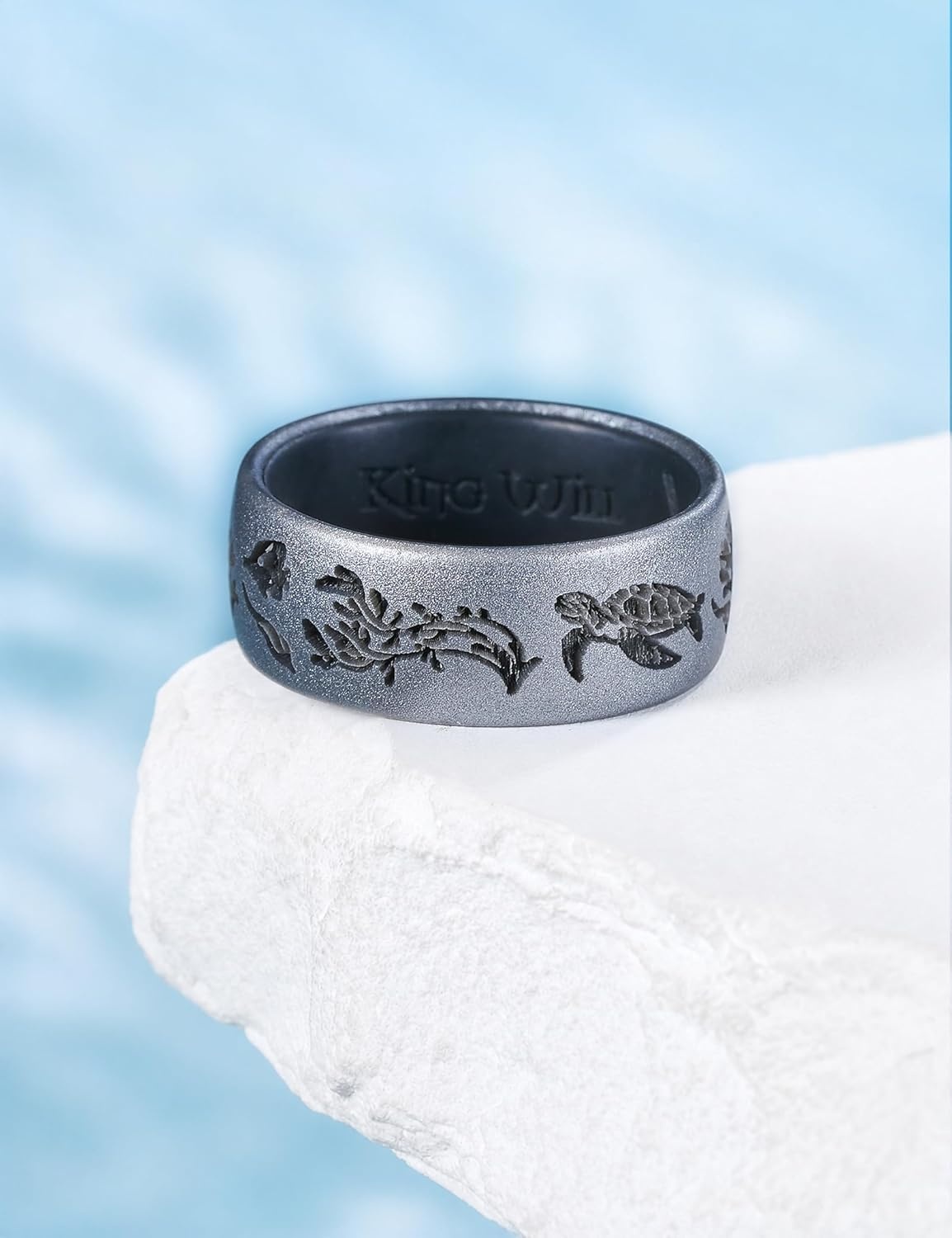 image:imageKing Will Ocean Silicone Ring for Men Women Breathable Silicone Wedding Band with Sea Turtle Fish Design Flexible Rubber Ring Comfort Fit for Gym Work OutdoorMetallic GreyBlack