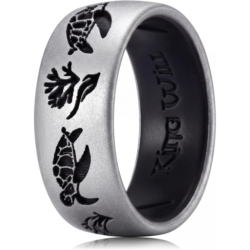 image:imageKing Will Ocean Silicone Ring for Men Women Breathable Silicone Wedding Band with Sea Turtle Fish Design Flexible Rubber Ring Comfort Fit for Gym Work OutdoorMetallic GreyBlack