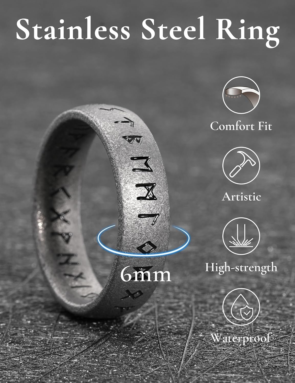 image:imageKing Will 6mm Stainless Steel Rings Mens Wedding Rings Laser Domed Viking Runes Wedding Band for Men Women Comfort Fit and DurableMatte Steel