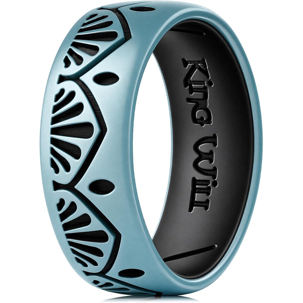 image:imageKing Will Mens Silicone Wedding Ring 8mm Wide 23mm DualLayer Rubber Band with LaserEngraved Totem Design Flexible Durable Sports Wedding Band for Men Multiple Colors amp SizesGreenSilver