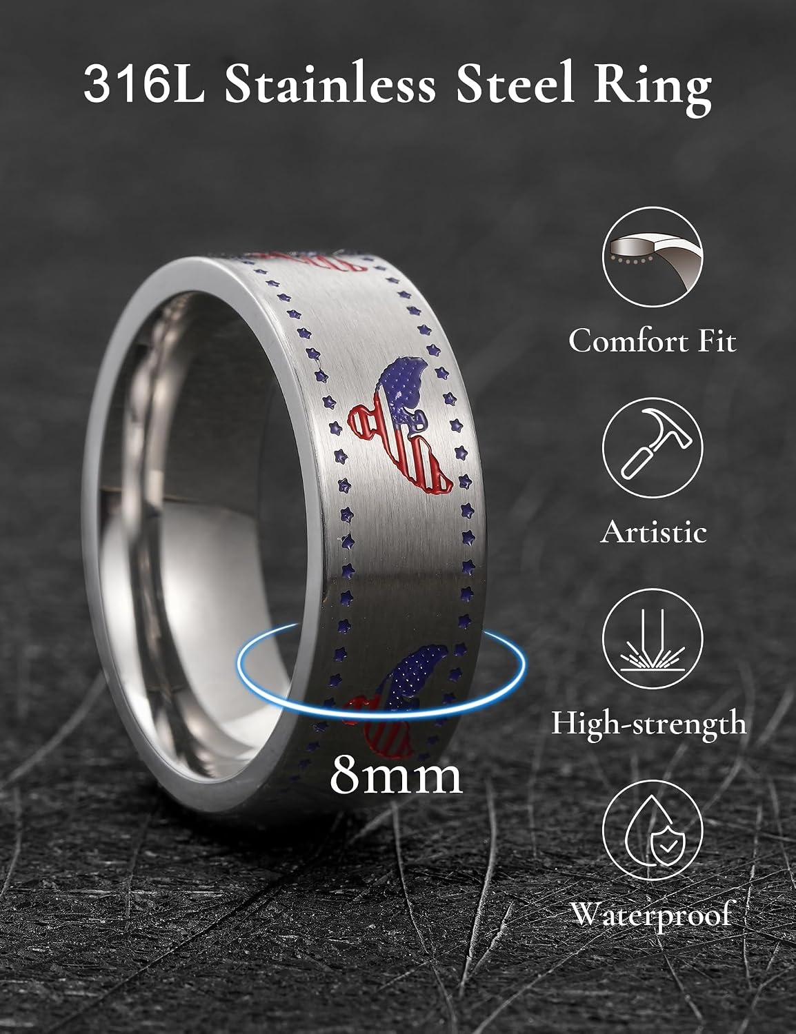 image:imageKing Will Titianium Wedding Band for Men Women Lasered GoldBlue HERO Silver 8mm LaserEngraved Durable Lightweight and Durable Promise Ring Promise GiftSilverFlag