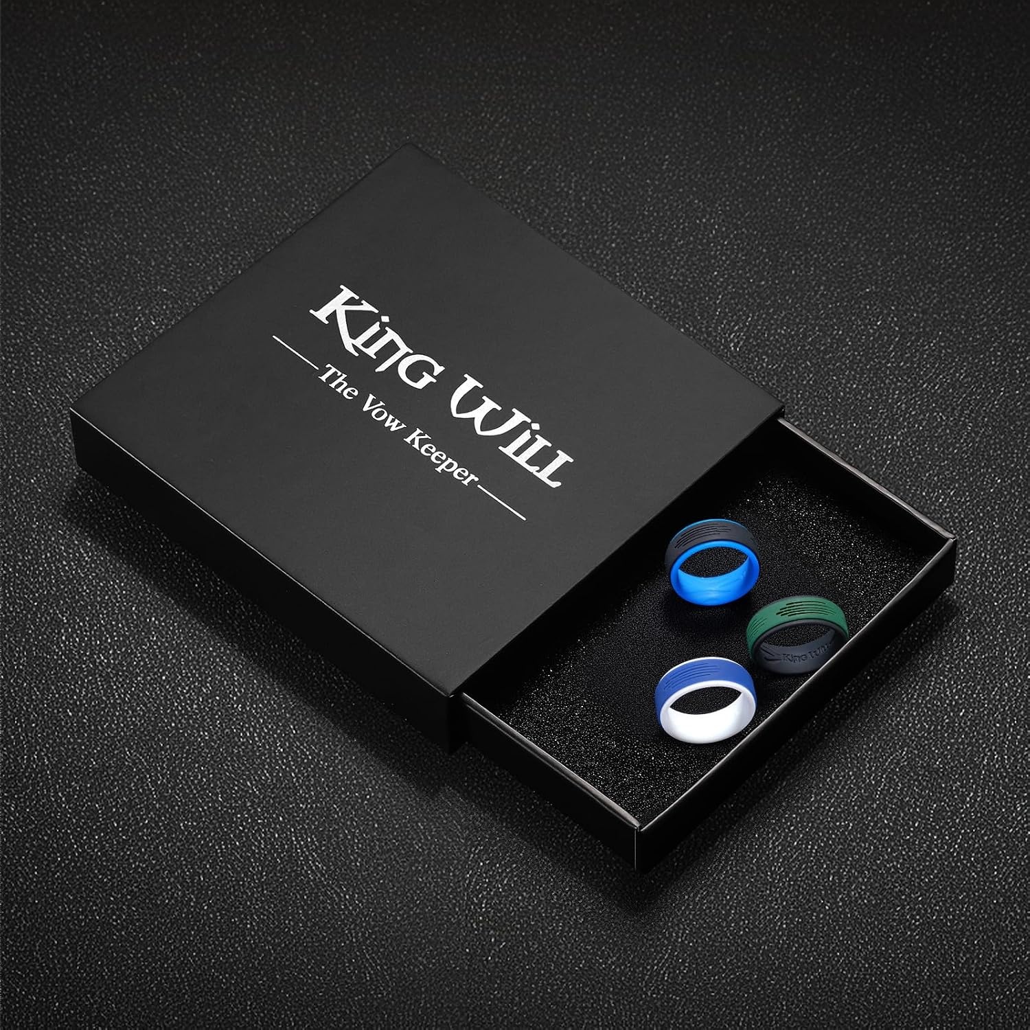 image:imageKing Will 8mm Width 23mm Thick 3 Pack Silicone Wedding Ring for Men Pattern Lasered Hypoallergenic Flexible Rubber Band Comfort Fit Hypoallergenic Active Lifestyle Gym WorkoutPack B