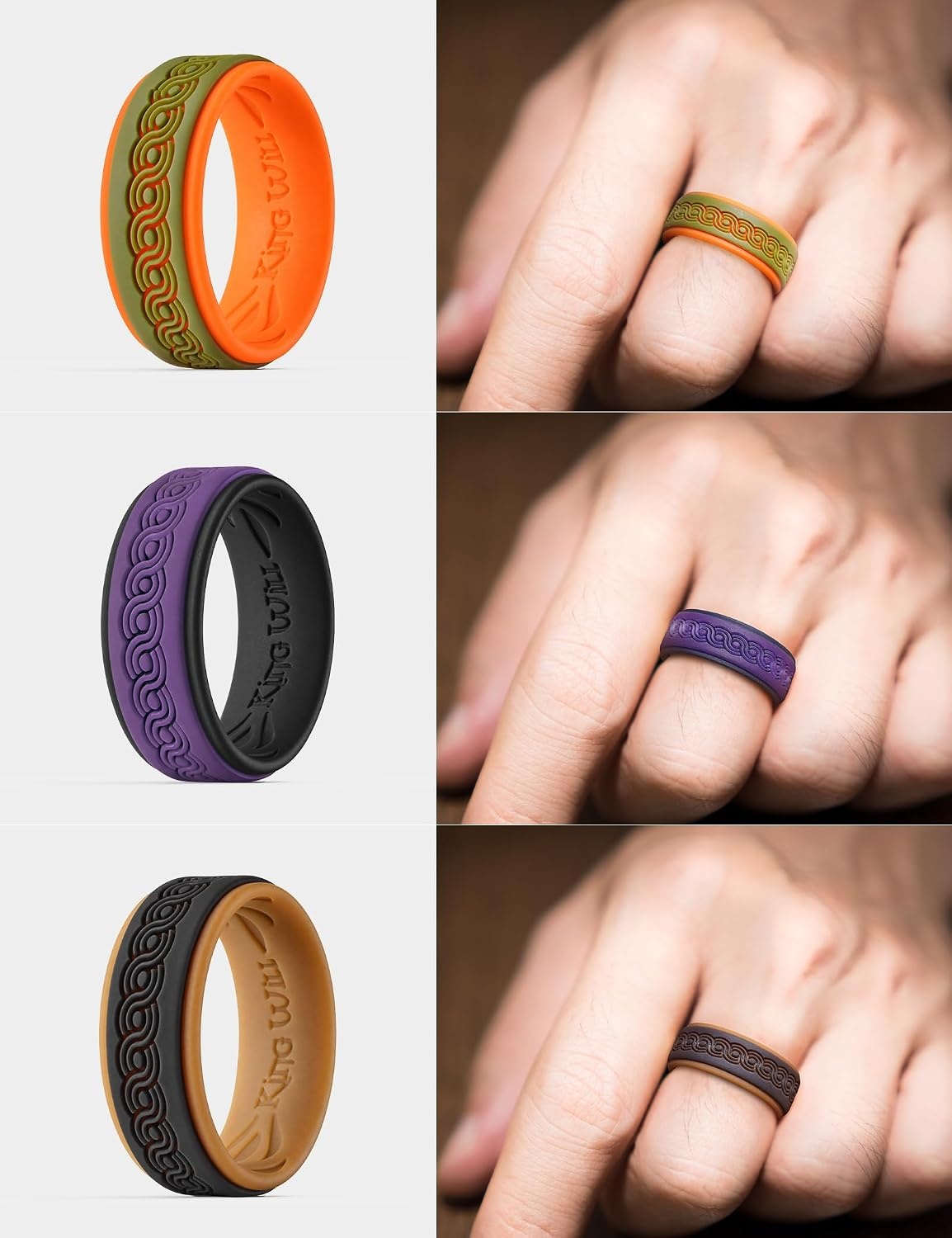 image:imageKing Will 8mm Width 23mm Thick 3 Pack Silicone Wedding Ring for Men Pattern Lasered Hypoallergenic Flexible Rubber Band Comfort Fit Hypoallergenic Active Lifestyle Gym WorkoutPack E