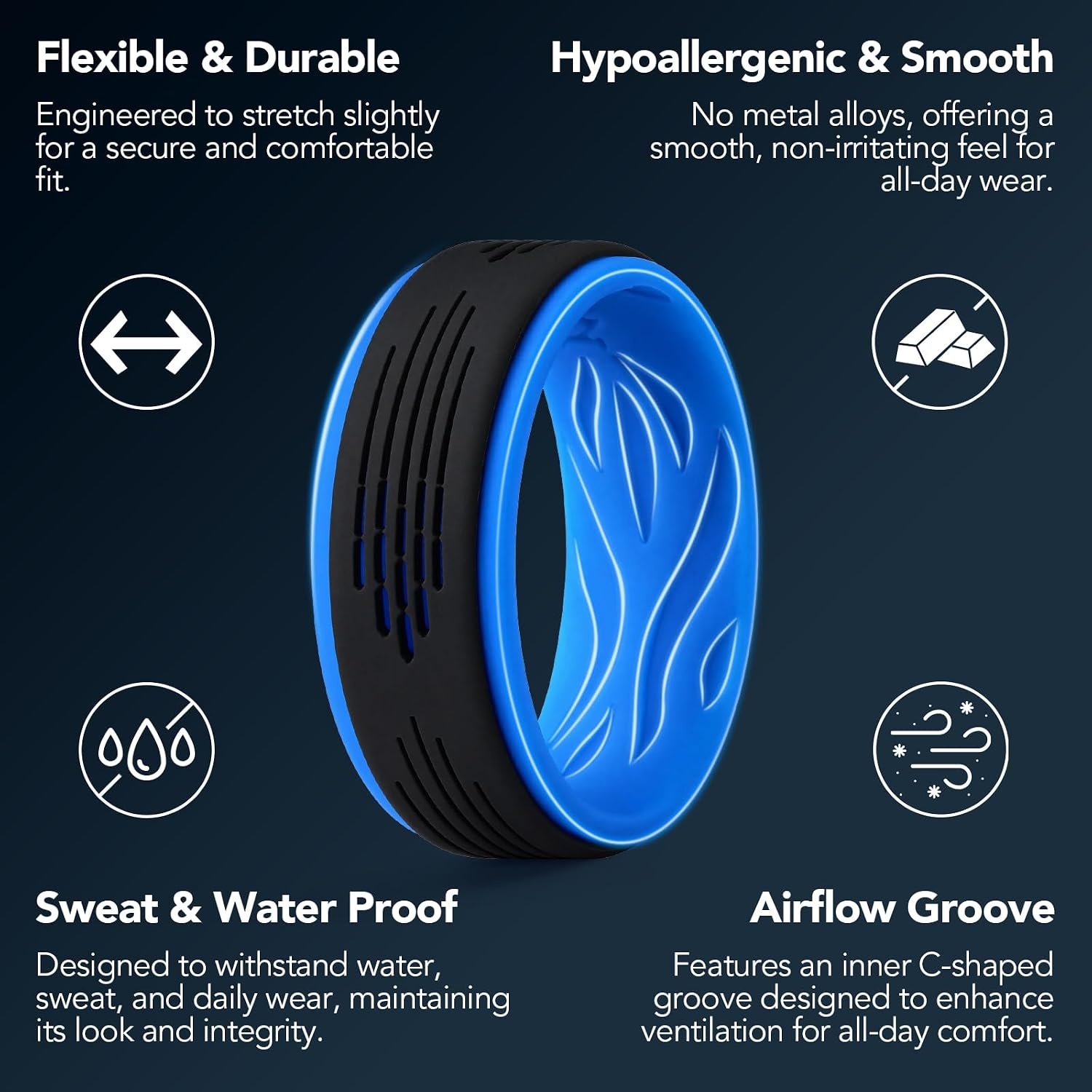 image:imageKing Will 8mm Width 23mm Thick 3 Pack Silicone Wedding Ring for Men Pattern Lasered Hypoallergenic Flexible Rubber Band Comfort Fit Hypoallergenic Active Lifestyle Gym WorkoutPack B