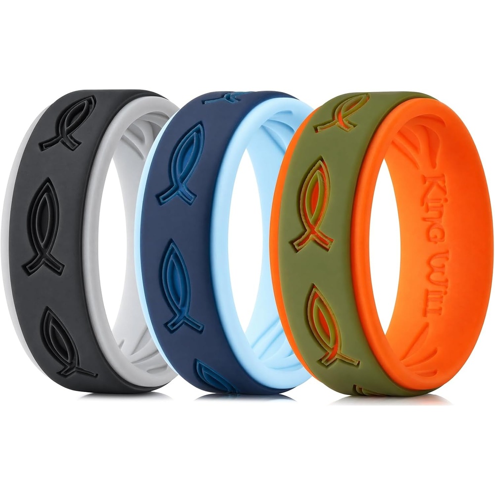 image:imageKing Will 8mm Width 23mm Thick 3 Pack Silicone Wedding Ring for Men  Pattern Lasered Hypoallergenic Flexible Rubber Band Comfort Fit Hypoallergenic Active Lifestyle Gym WorkoutPack F