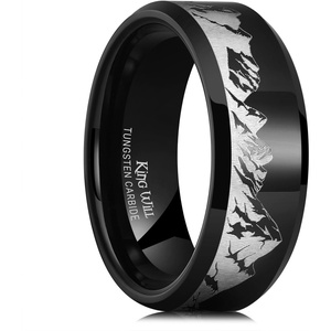 King Will Mens 6mm 8mm Tungsten Carbide Wedding Bands Inlay Lasered Brushed Wedding Rings for Men Women | Brushed, Lasered Seagull/Forest Landscap/Panda/Deer/Hunting/Fly Fishing, Comfort Fit, Everyday Wear(Black)