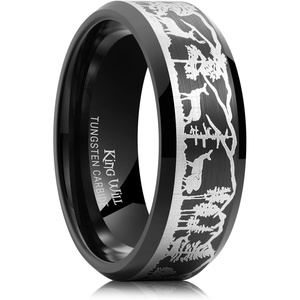 King Will Mens 6mm 8mm Tungsten Carbide Wedding Bands Inlay Lasered Brushed Wedding Rings for Men Women | Brushed, Lasered Seagull/Forest Landscap/Panda/Deer/Hunting/Fly Fishing, Comfort Fit, Everyday Wear(Deer Family-B)