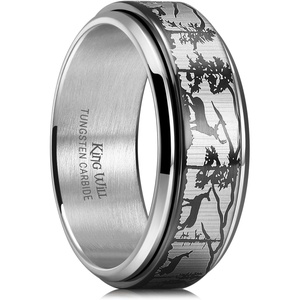 King Will Mens 6mm 8mm Tungsten Carbide Wedding Bands Inlay Lasered Brushed Wedding Rings for Men Women | Brushed, Lasered Seagull/Forest Landscap/Panda/Deer/Hunting/Fly Fishing, Comfort Fit, Everyday Wear(Deer Family)