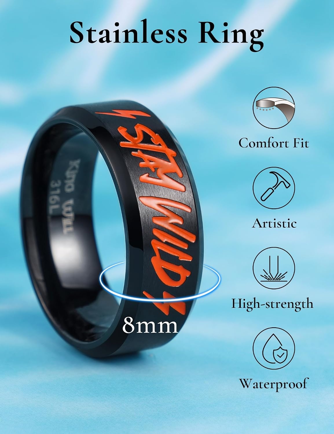 image:imageKing Will 8mm Silver Stainless Steel Rings Words Lasered Silver 8mm Mens Wedding Rings Beveled Edge Comfort Fit Durable Everyday WearBlackStay Wild