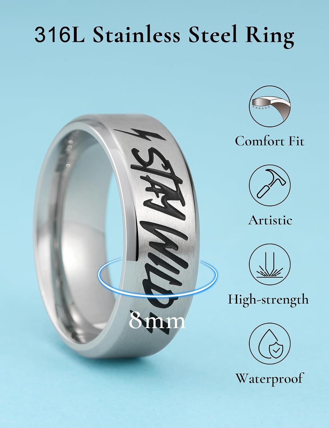 image:imageKing Will 8mm Silver Stainless Steel Rings Words Lasered Silver 8mm Mens Wedding Rings Beveled Edge Comfort Fit Durable Everyday WearSilverStay Wild