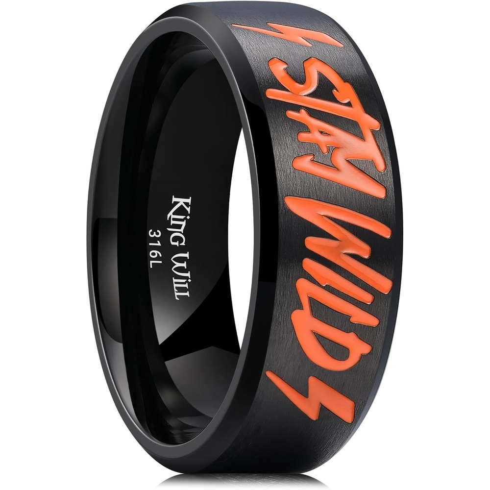image:imageKing Will 8mm Silver Stainless Steel Rings Words Lasered  Silver 8mm Mens Wedding Rings Beveled Edge Comfort Fit Durable Everyday WearBlackStay Wild