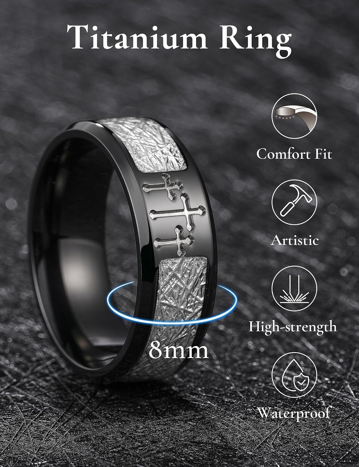image:imageKing Will Cross Titanium Wedding Band for Men WomenBBlack Silver