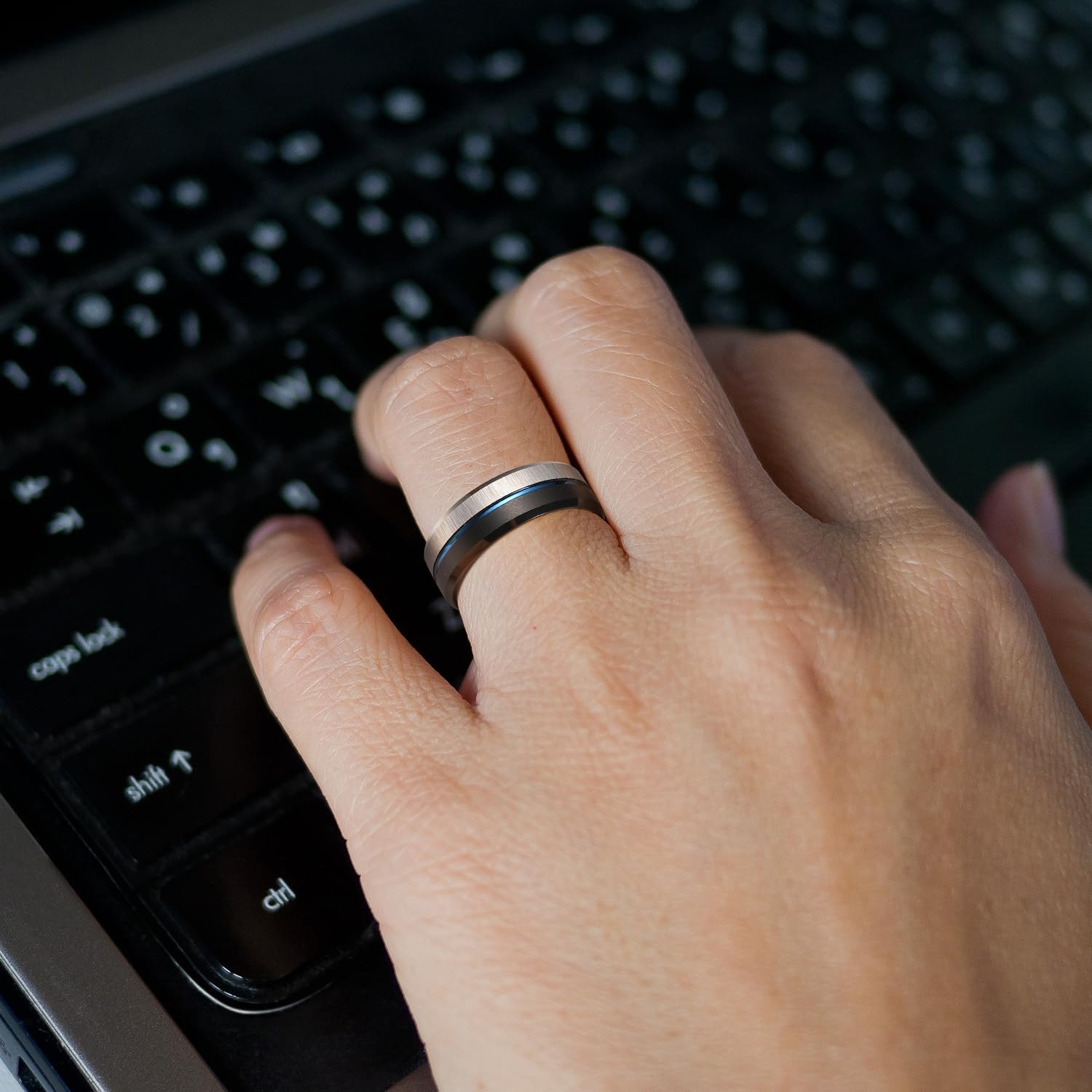 image:imageKing Will Mens Tungsten Carbide Wedding Band with Groove DesignSilveBlackBlue8mm