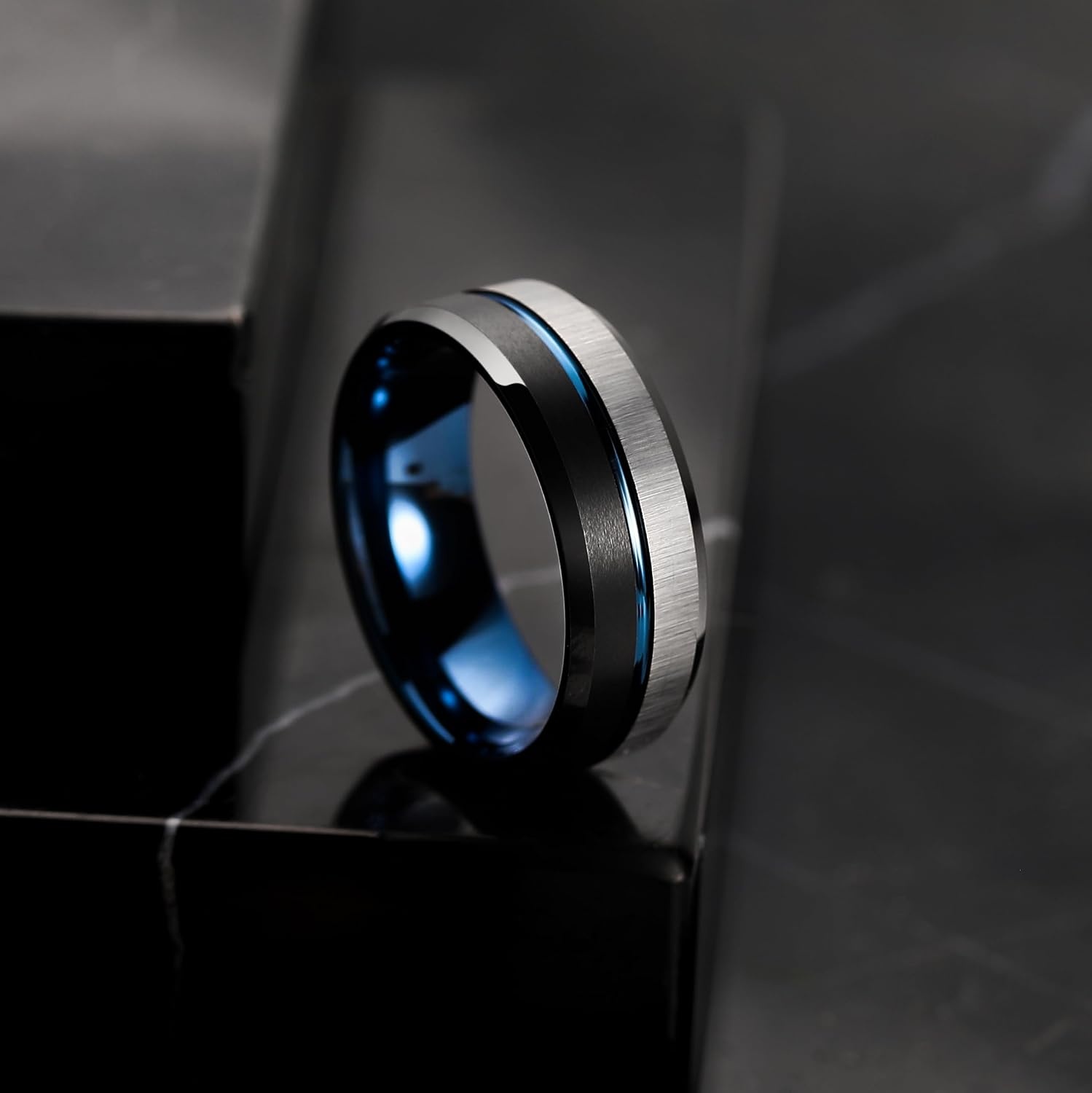 image:imageKing Will Mens Tungsten Carbide Wedding Band with Groove DesignSilveBlackBlue8mm