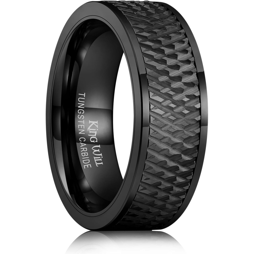 image:imageKing Will Mens Tungsten Carbide Wedding Band with Groove DesignBlackPipe Cut8mm