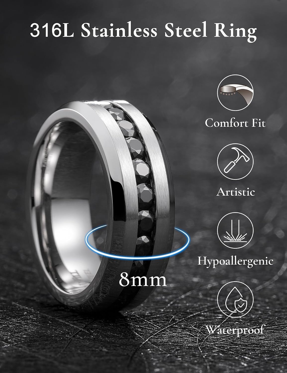 image:imageKing Will 316L Stainless Steel Wedding Band for Men Cubic Zirconia InlaySteekBlack8mm