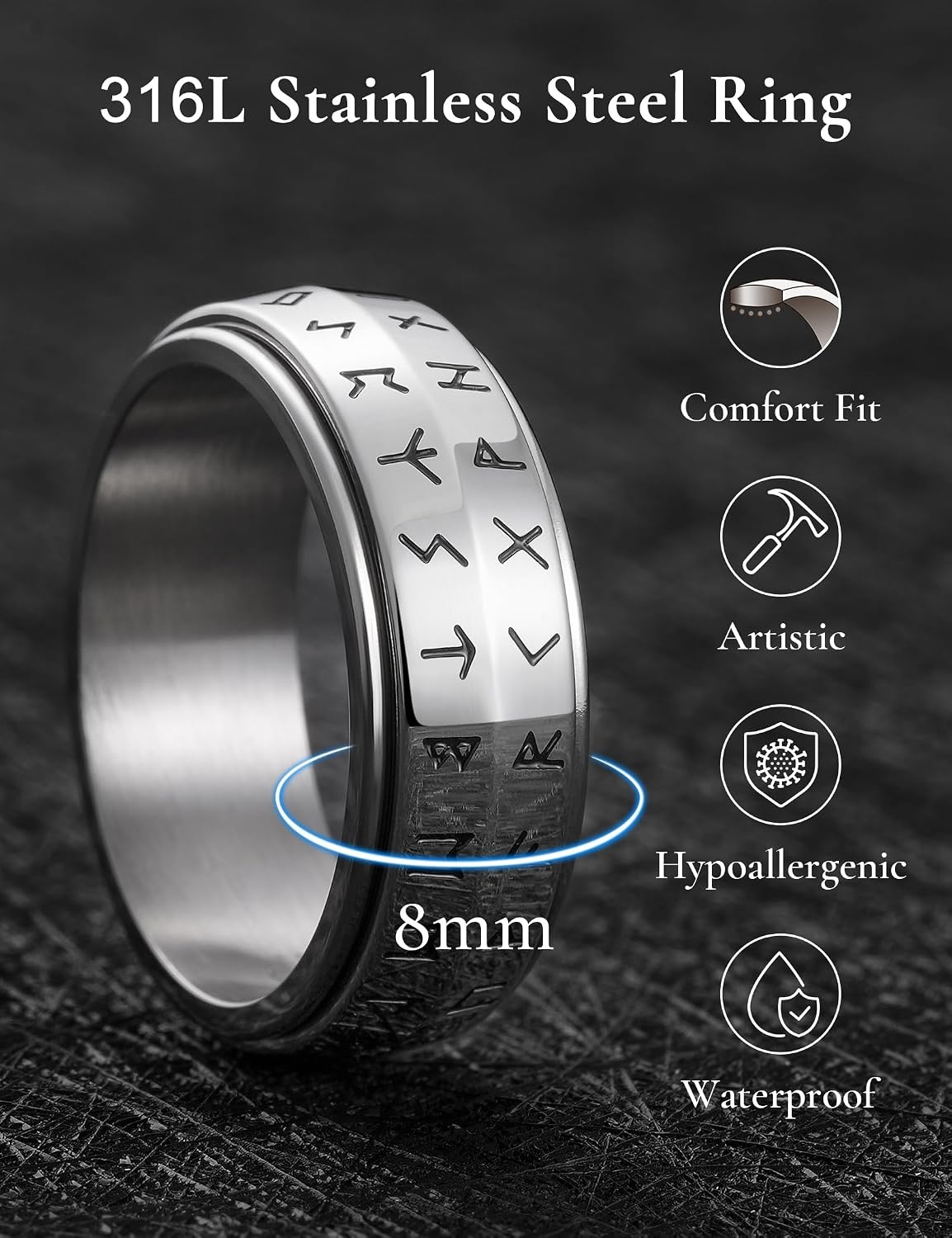 image:imageKing Will Mens 8mm 316L Stainless Steel Viking Runes Fidget RingsSilver