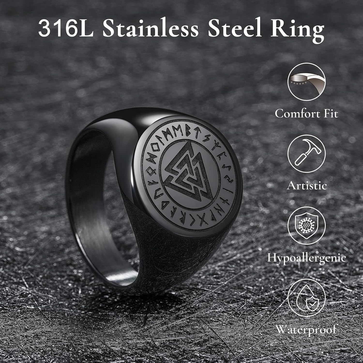 image:imageKing Will Tungsten Wedding Band for Men High PolishedRunesBlack