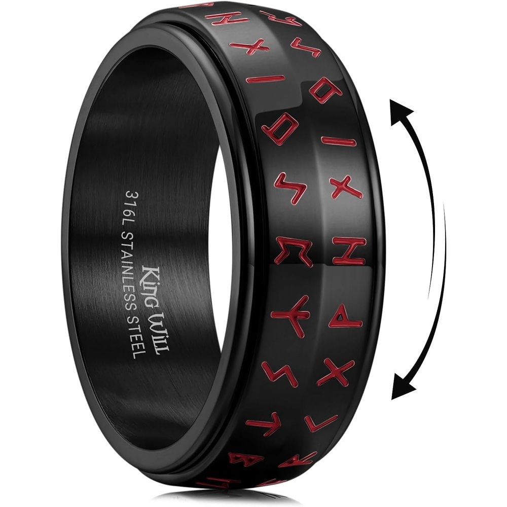 image:imageKing Will Mens 8mm 316L Stainless Steel Viking Runes Fidget RingsBlack